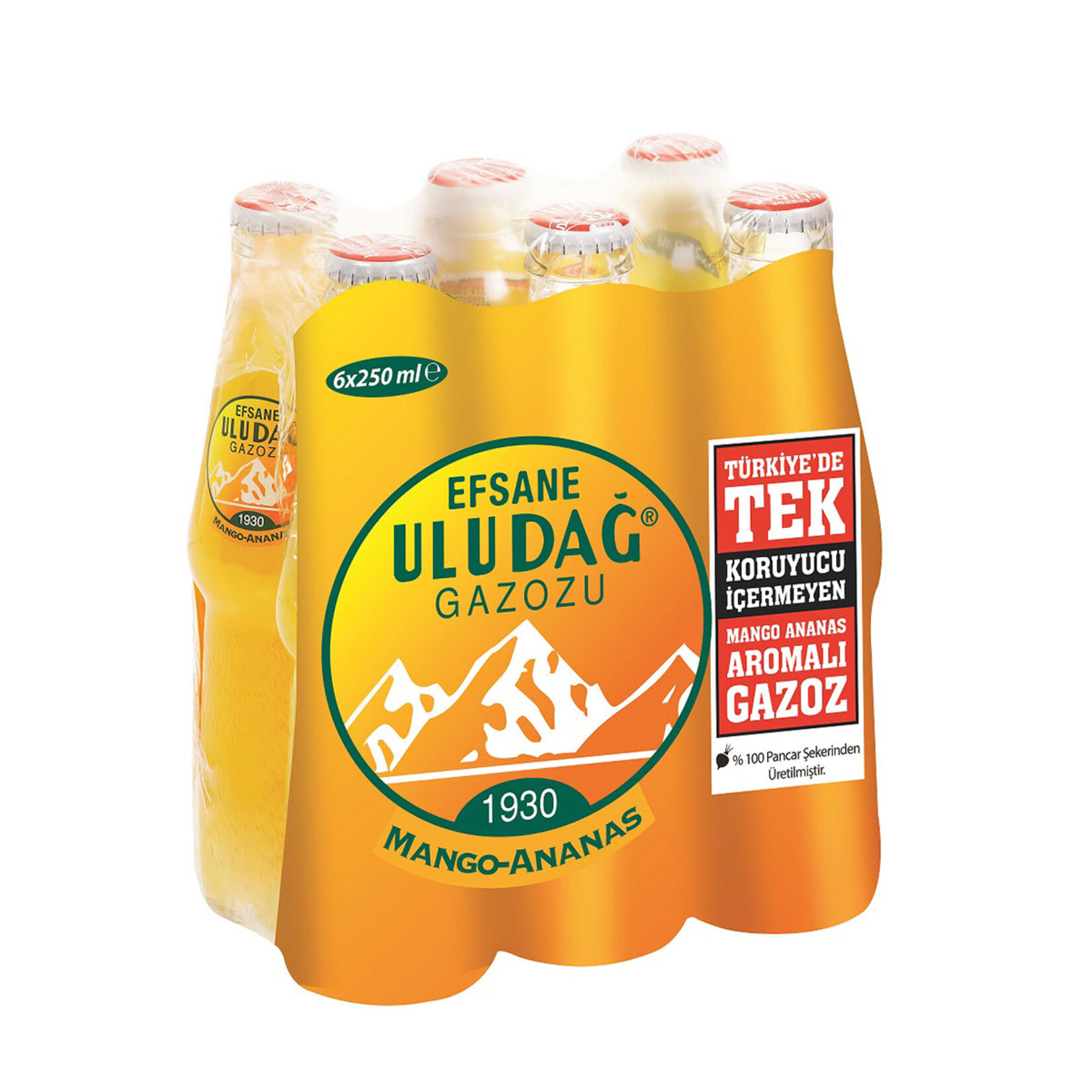 ULUDAĞ LEGENDARY MANGO-PINEAPPLE FLAVORED SODA GLASS BOTTLE 250 ML.